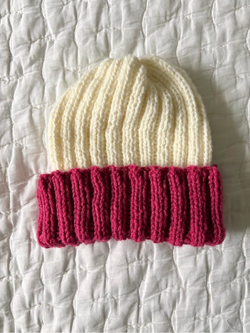 Kids handmade Two-Tone Knit Beanie - Cream and Pink